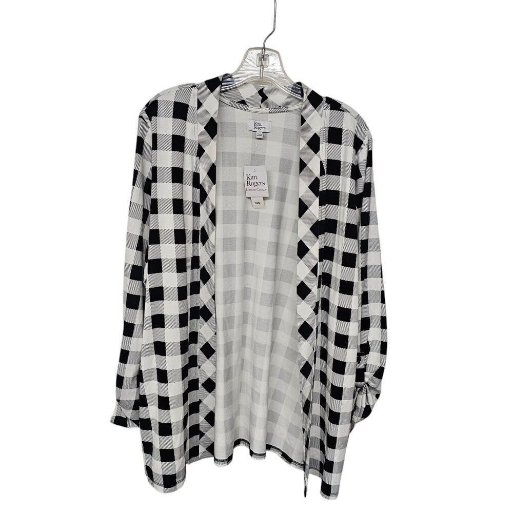 Kim Rogers Cardigan Women's Large Black White Buffalo Plaid Open Front Roll Tab